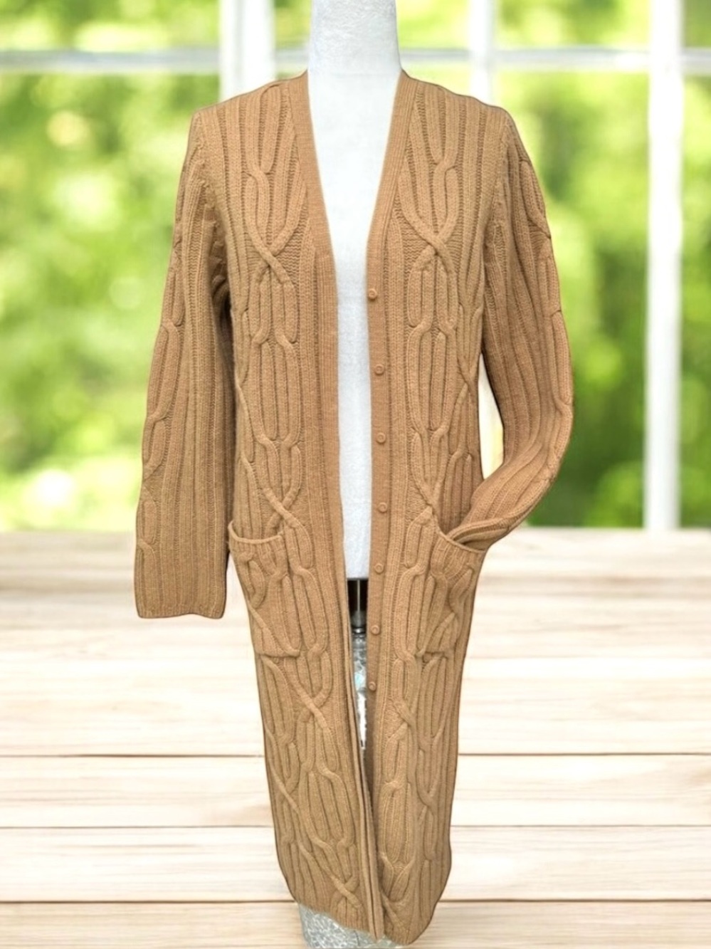 Jillian Jones Duster Long Cardigan Lambswool Tan Cable Knit